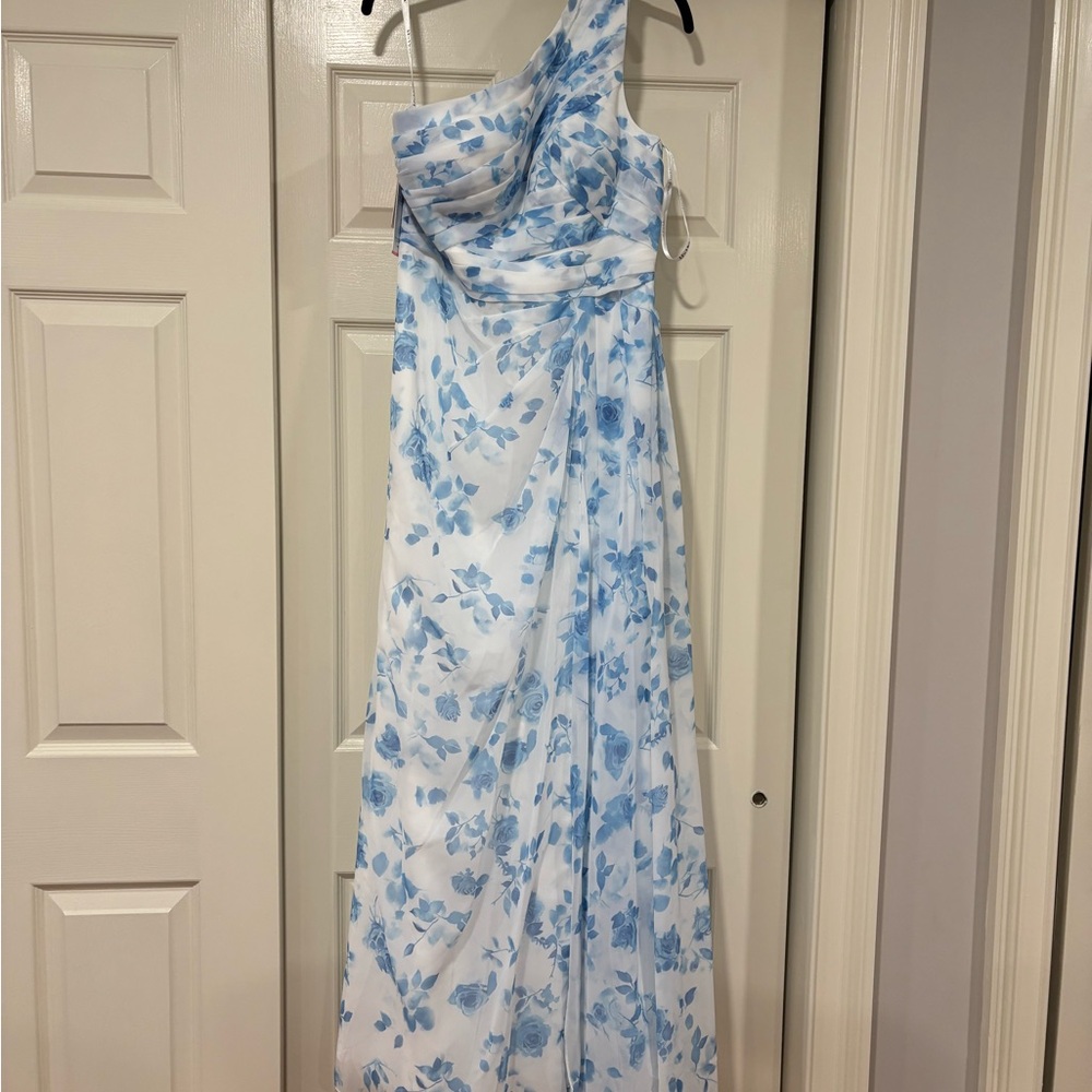 Elegant Blue Floral One-Shoulder Dress